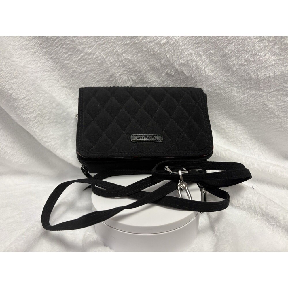Vera Bradley Black Quilted Crossbody Wallet Purse Red Rose Floral RFID Organizer